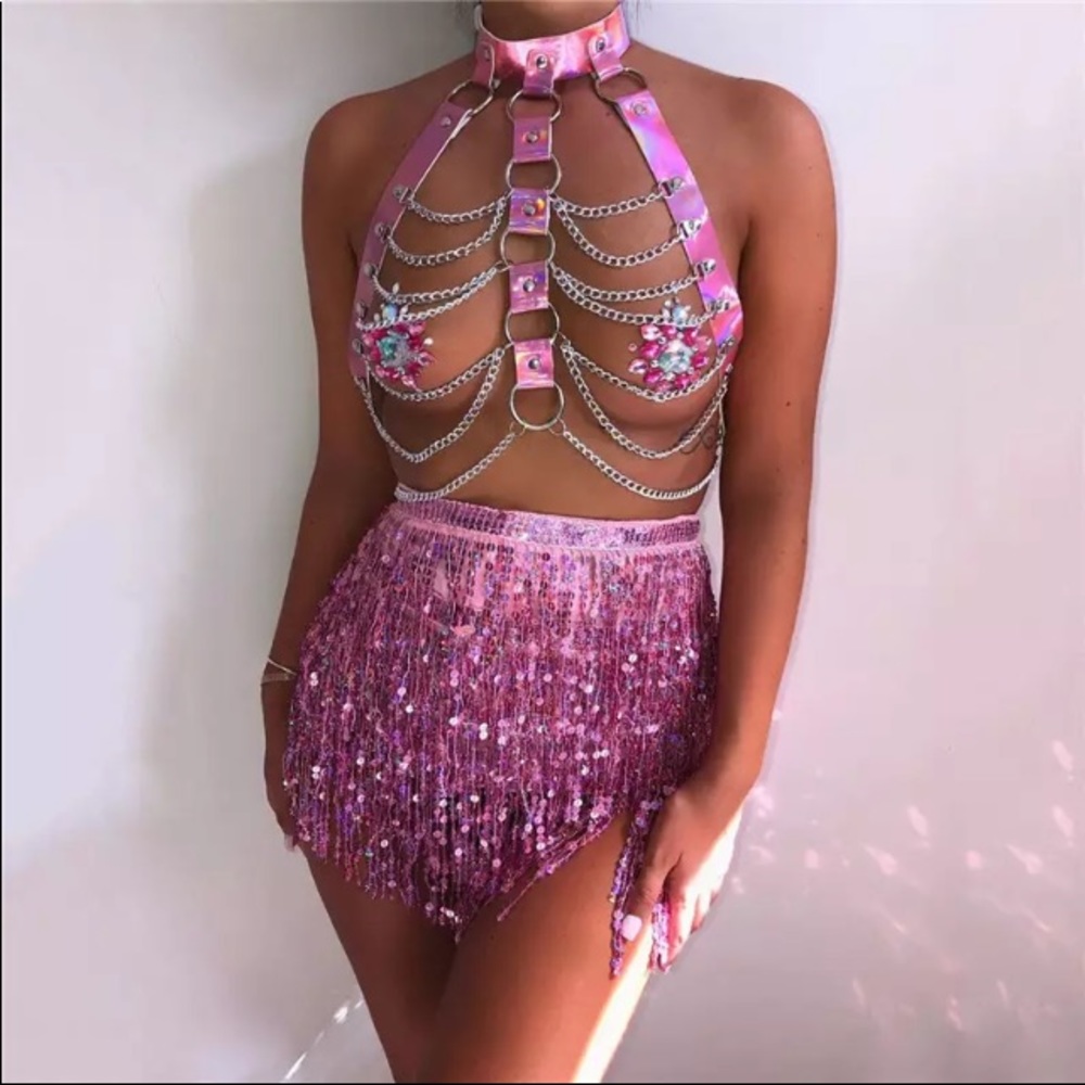 😻Halter Color Body Harness Chain Holographic Belt - Picture 9 of 11